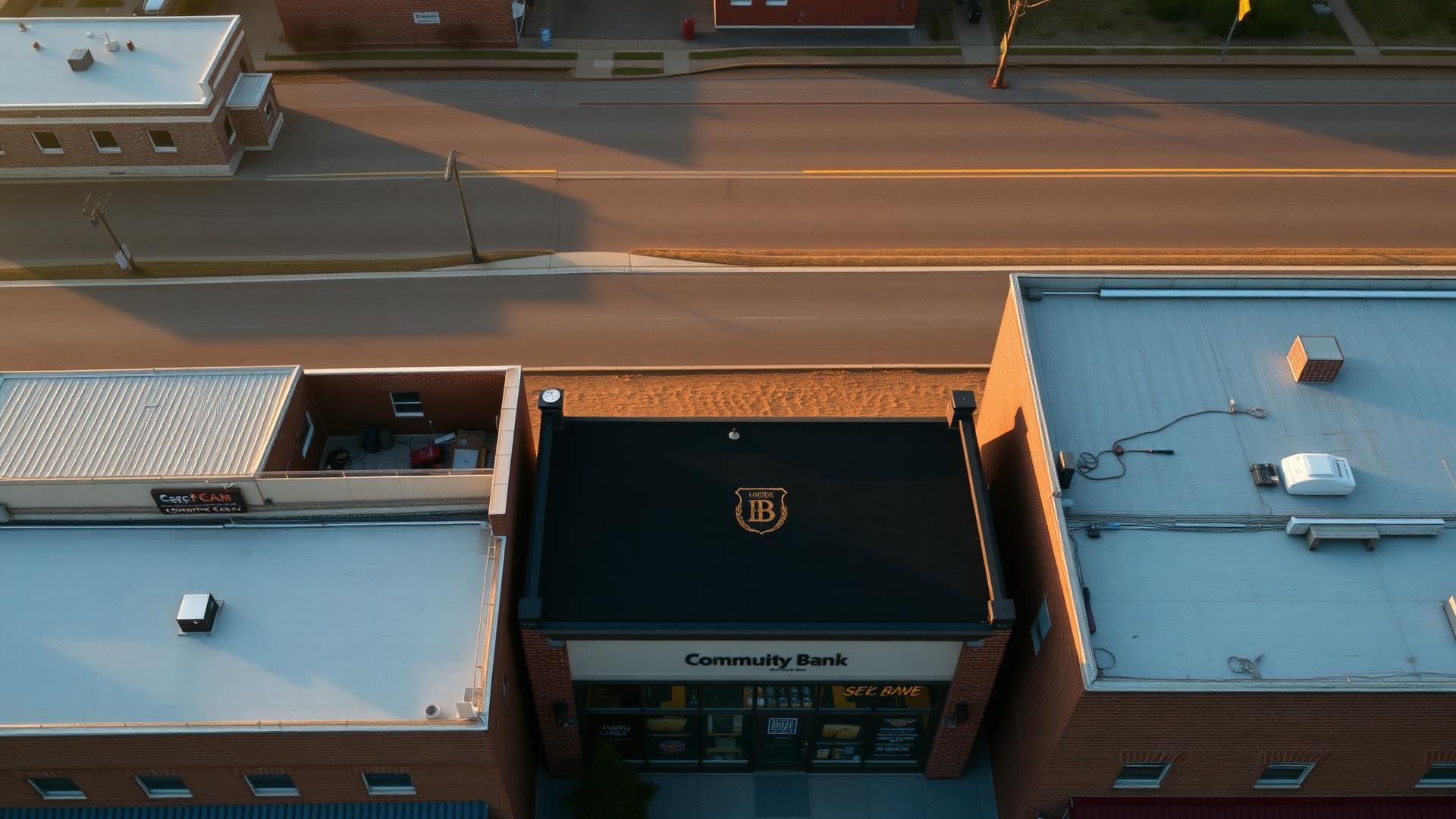 Aerial view of a small American main street with a community bank