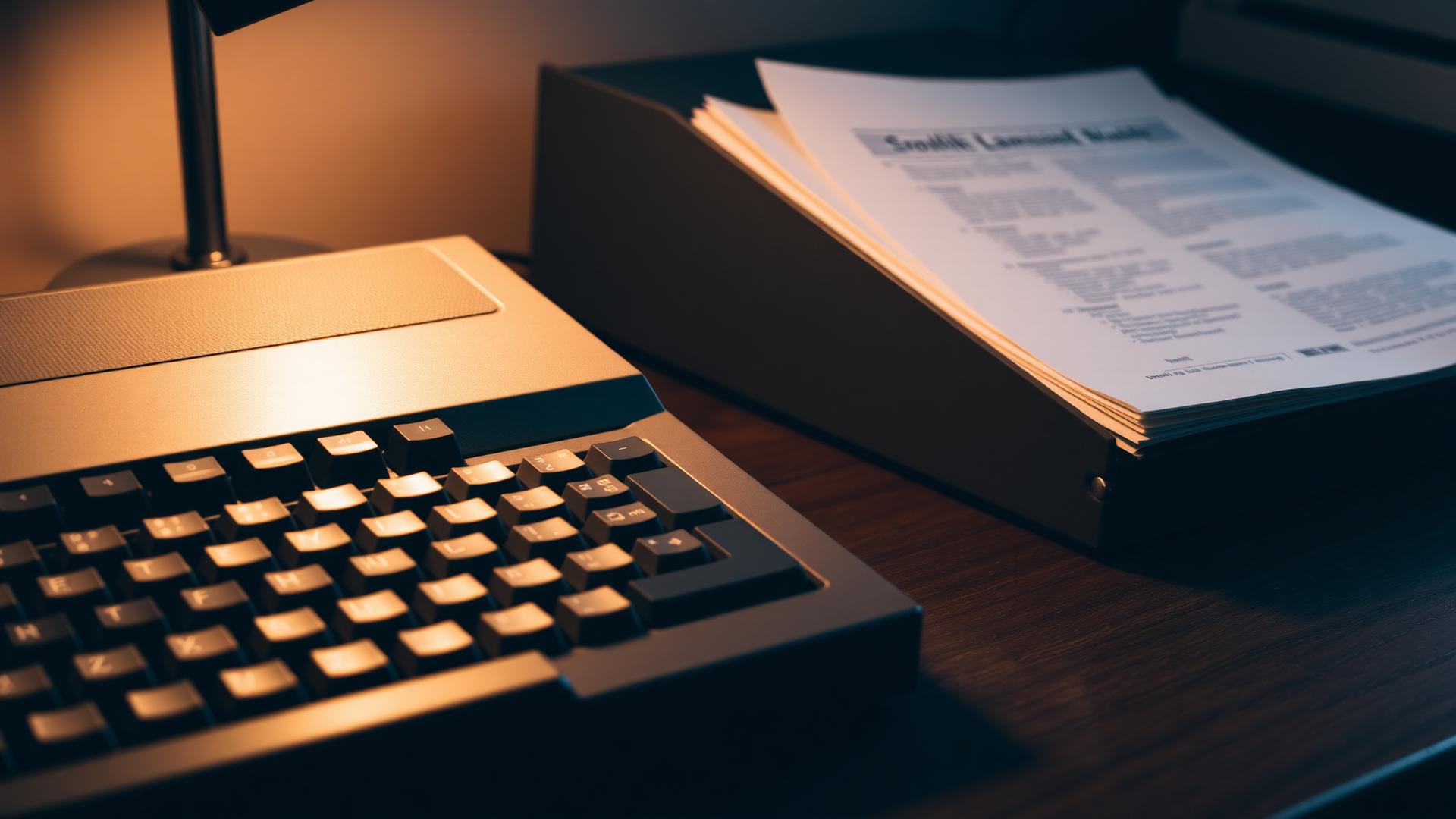 A legacy computer keyboard and loan folder under warm desk light
