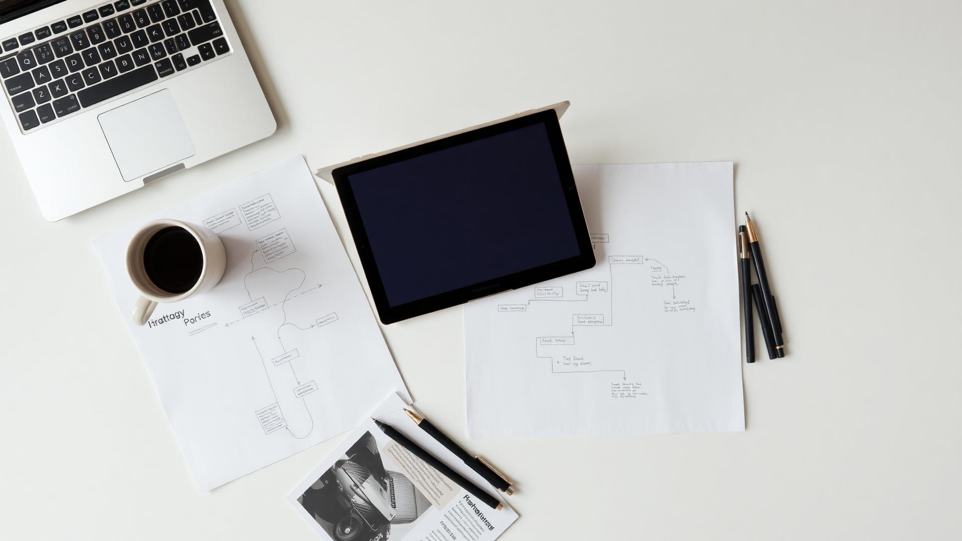 Overhead view of a planning table with roadmap sketches and a laptop