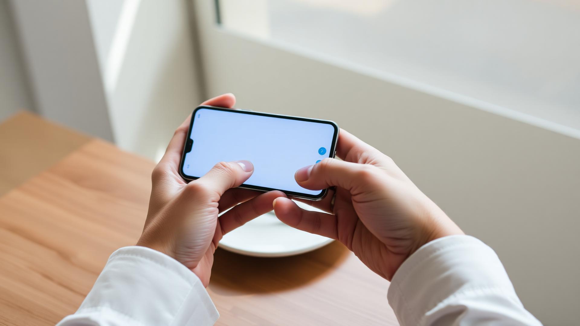 Hands holding a smartphone displaying a clean banking app in daylight