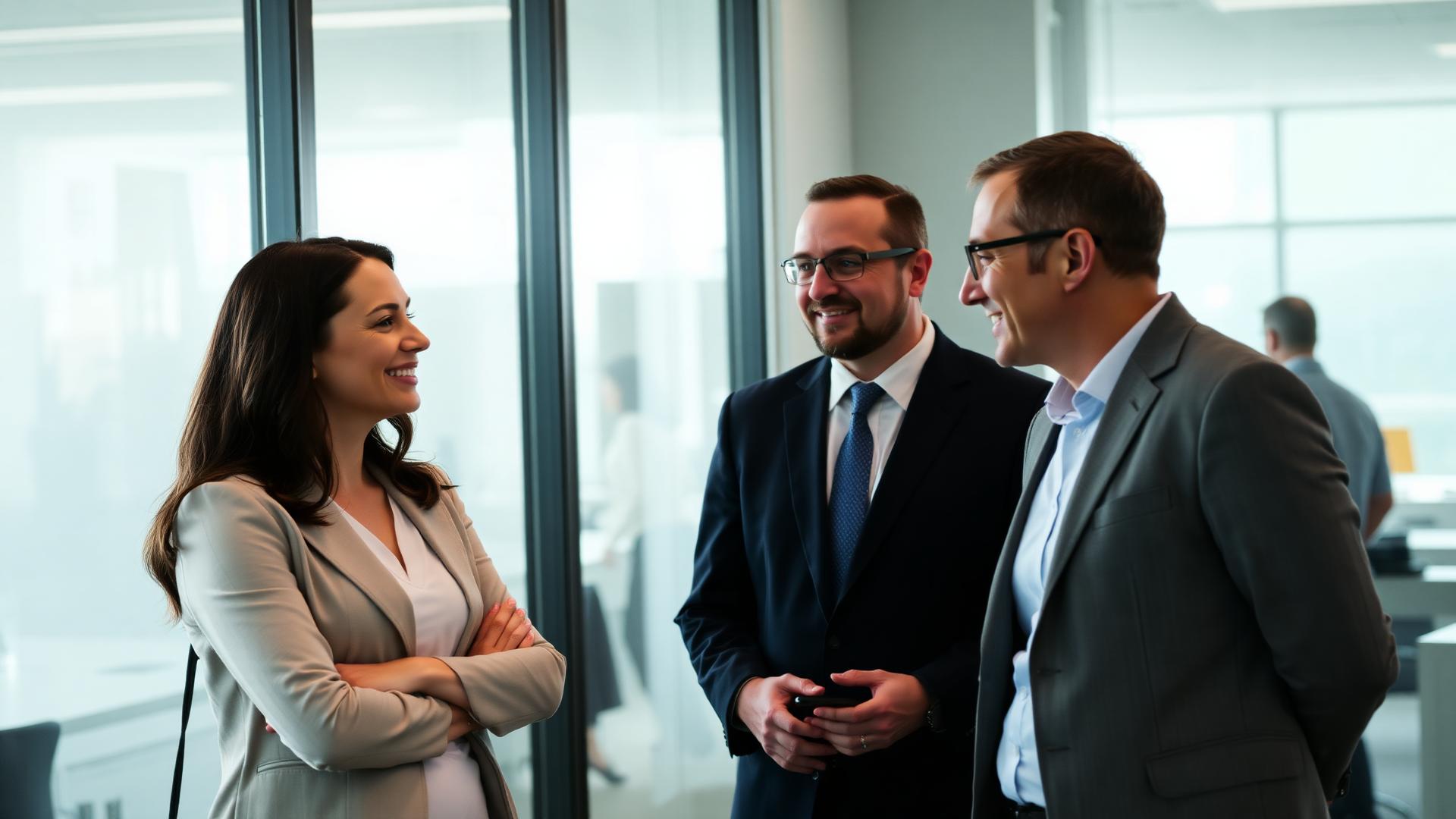 Two professionals in conversation in a bright glass-walled office